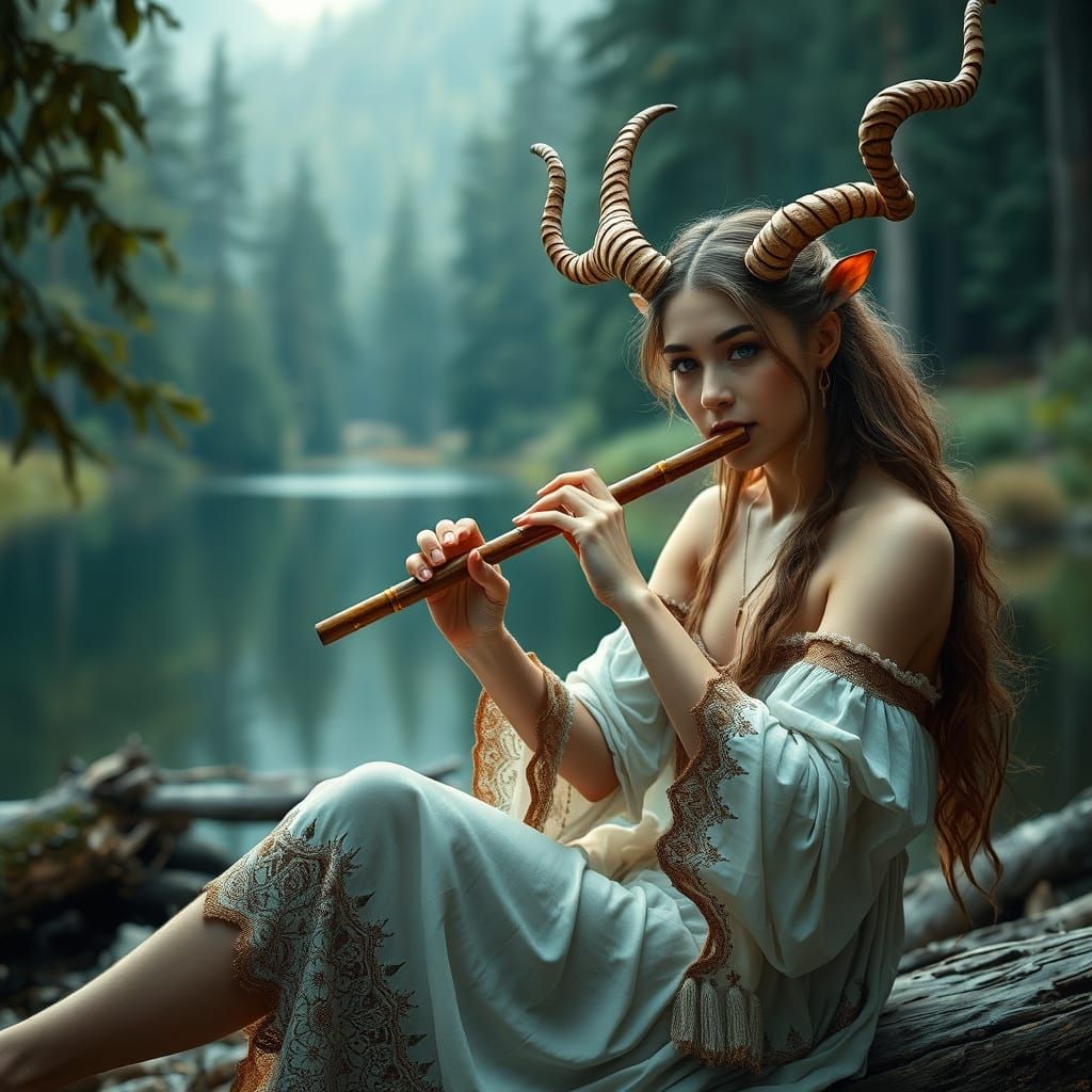 Beautiful Faun Woman Plays Flute by Forest Lake