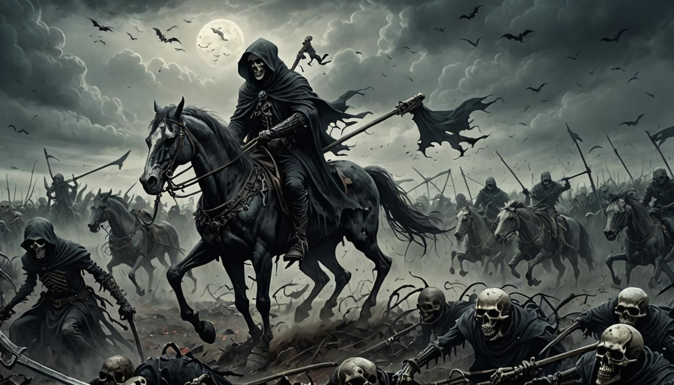 Grim Reaper on Skeletal Horse in Gothic Illustration