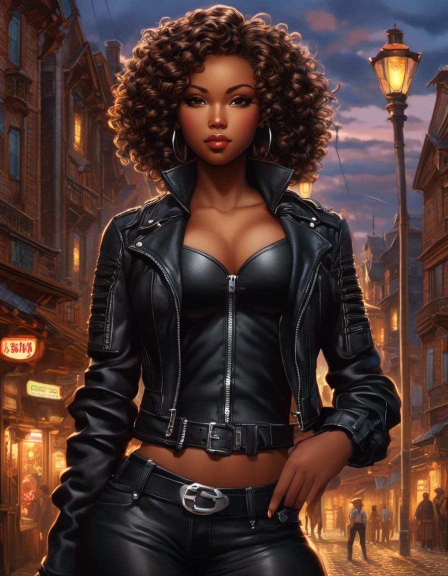 Anime Woman in Leather Jacket, Matte Painting