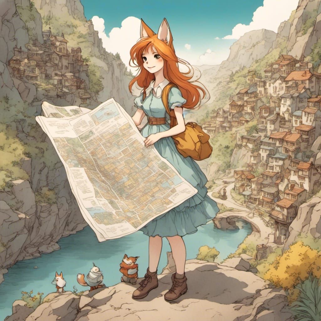 Fox-girl VIXEN, wearing a dress, holding a road map.