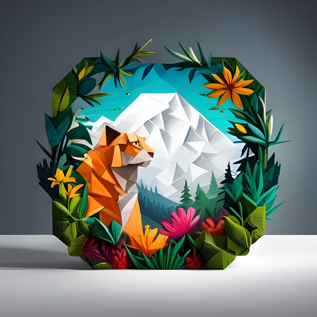 Detailed Origami Tiger Among Paper Flowers