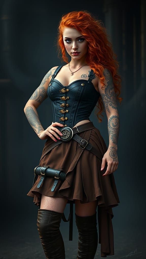 Steampunk Nordic Woman with Tattoos in Industrial Setting