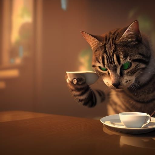Cat Sipping Coffee: Detailed Matte Painting