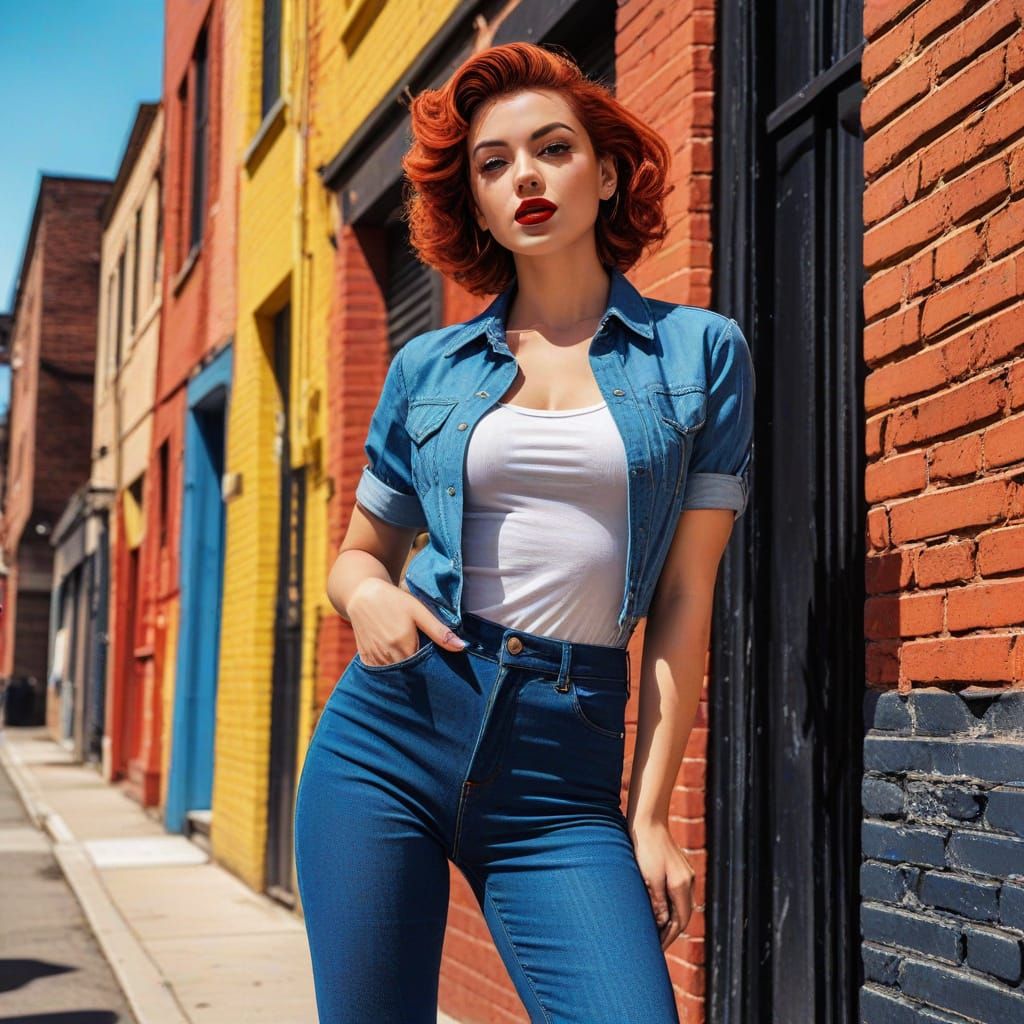 Retro Pin-Up Beauty in Vibrant Alleyway