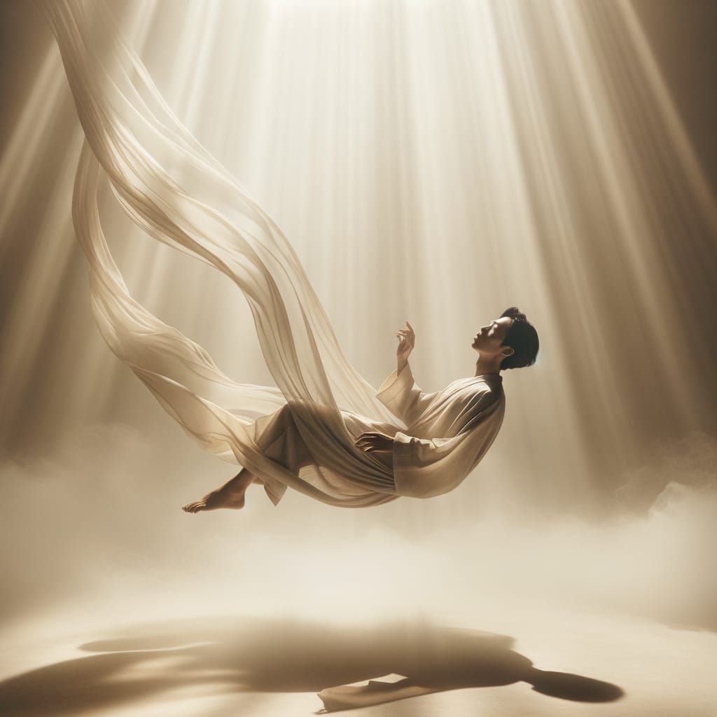 Ethereal Figure in Flowing Fabric with Golden Light