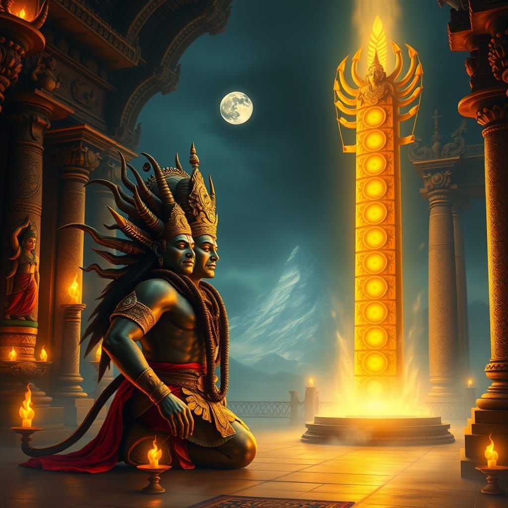 Ten-Headed Demon King Ravan in Devotion to Lord Shiva, Digit...