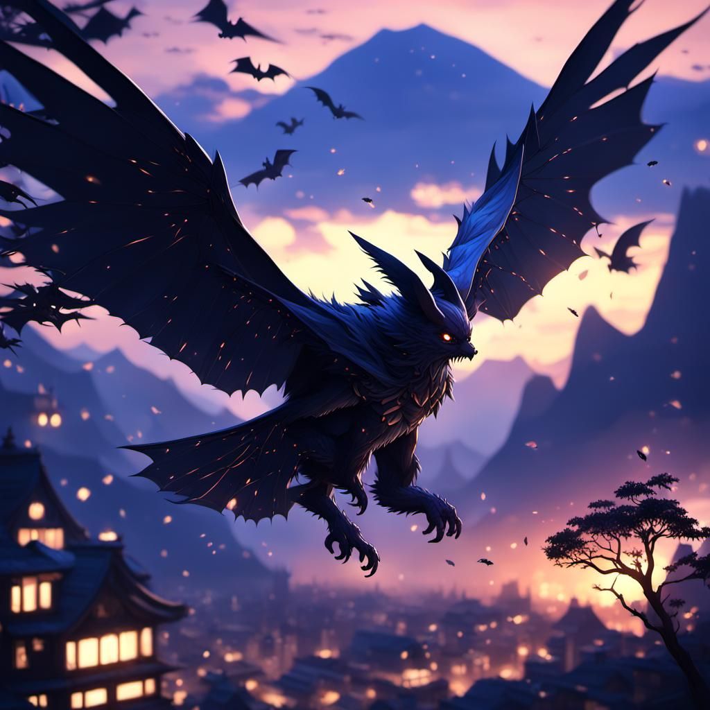 Anime Bats Flying at Dusk in 3D