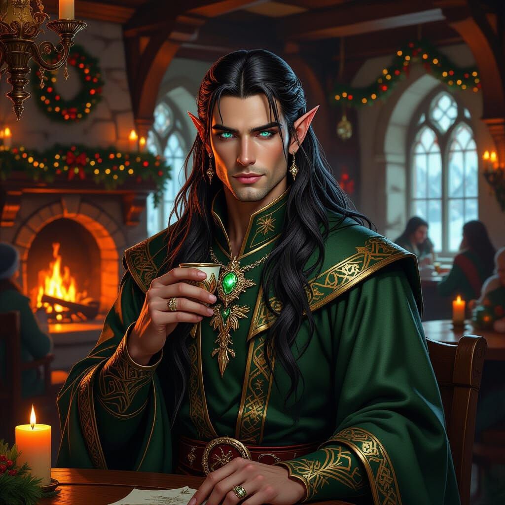Fantasy Elf in Festive Tavern Illustration