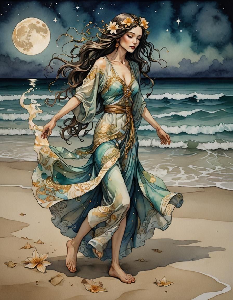 Moonlit Beach Hippie in Watercolour Style