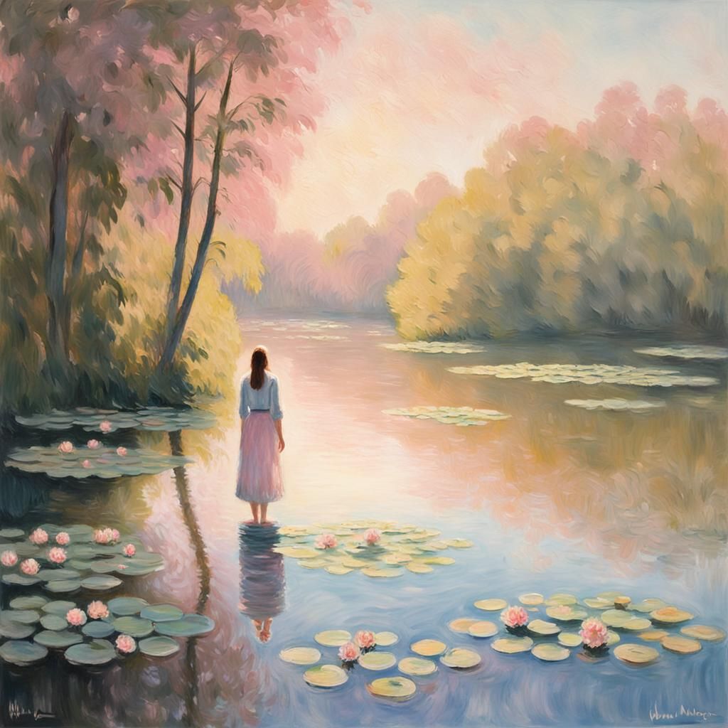 Impressionist Woman at Lake in Soft Light