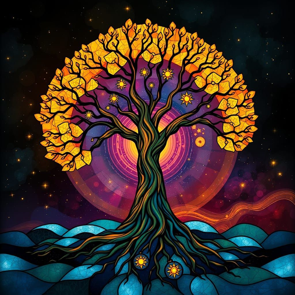 Stellar Tree Birthing Stars in Art Nouveau Style