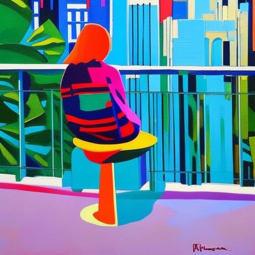 view from behind, Anime girl, white hair, sitting on balcony railing looking at neo tokyo, neo-impressionism expressioni...