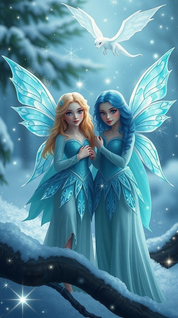 Twin Fairy Sisters with Dragon in Winter Realm