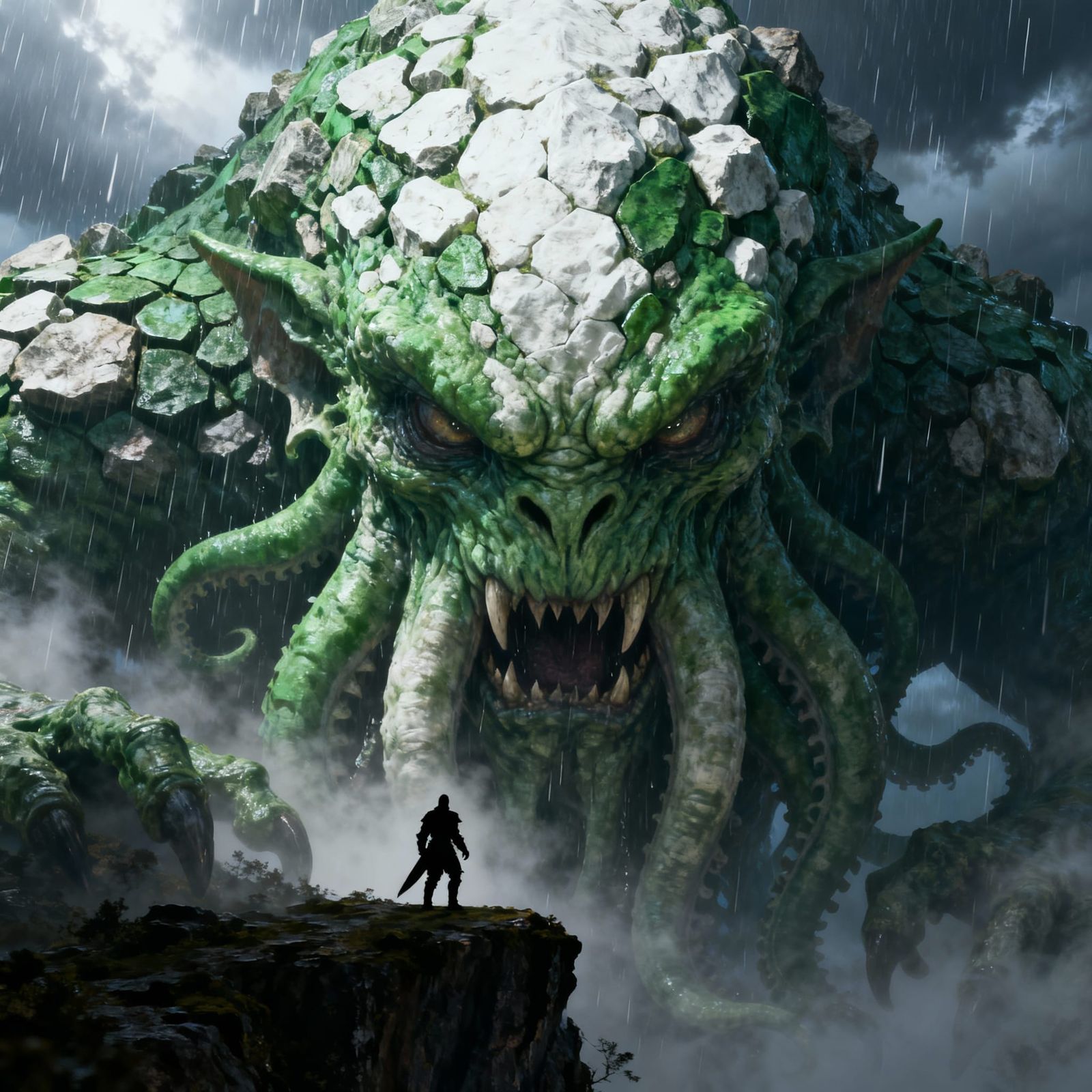 Cthulhu Overlooks Knight on Cliff Edge