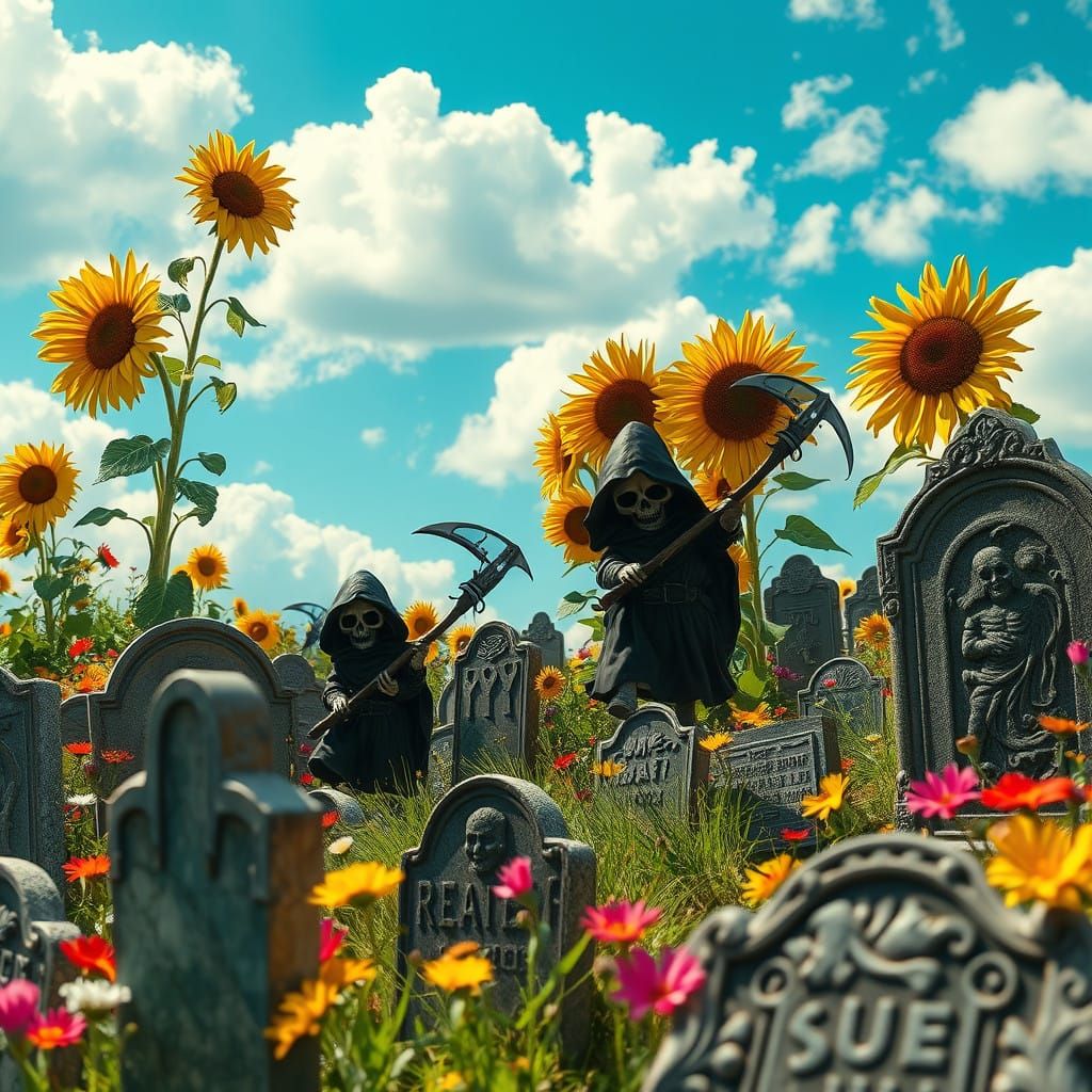 a hot sunny summer afternoon scene in a graveyard with sever...