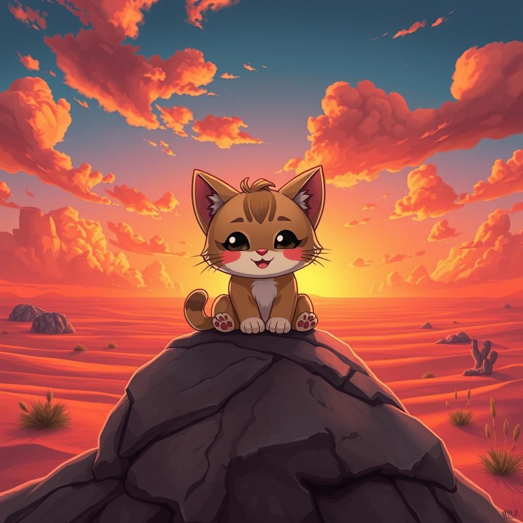 Chibi Kitten's Desert Sunset: Matte Painting Landscape