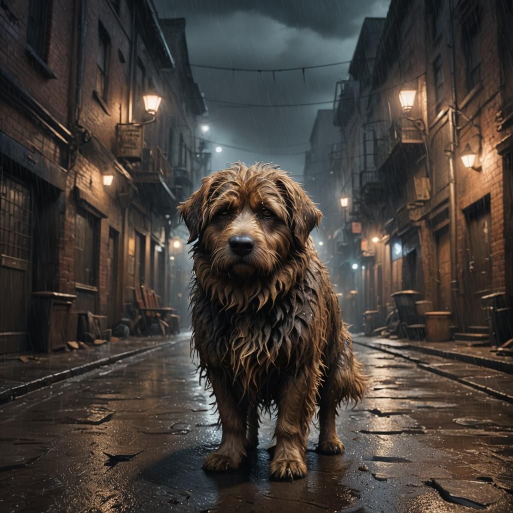 Sad Dog in Alley: Detailed Matte Painting