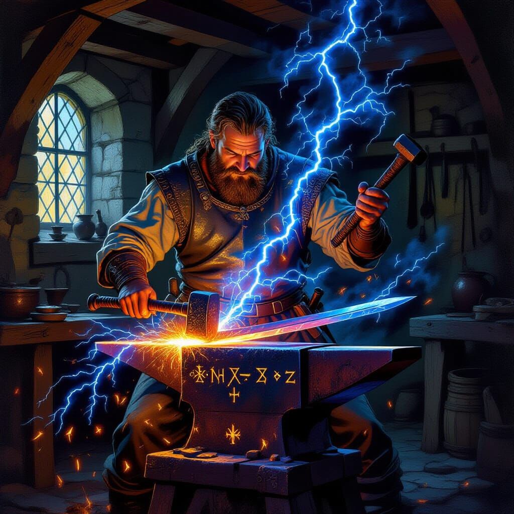 Medieval Smith Forges Lightning Sword in Oil Painting