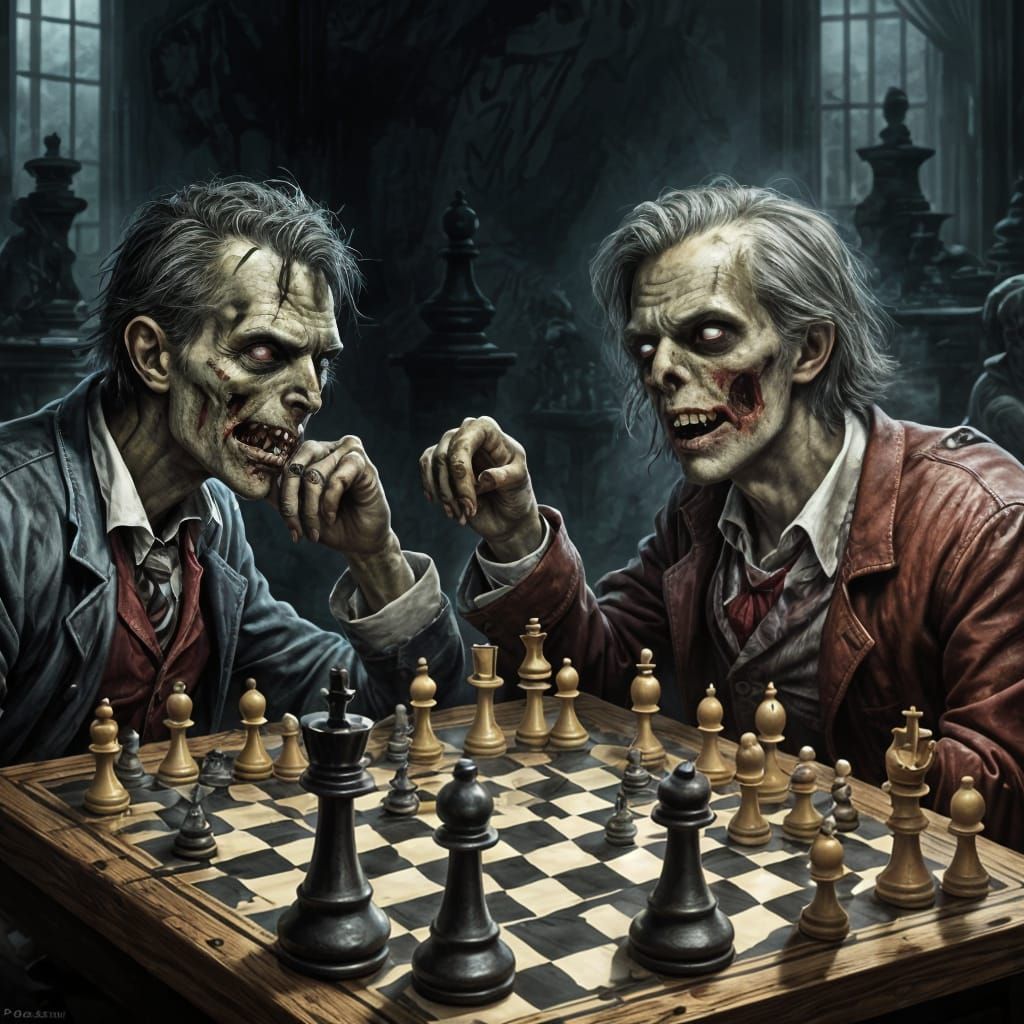 Gothic Horror Chess Match in Cyberpunk Aesthetic