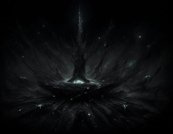 Dark, cinematic digital art. Medium shot. Black noise swirli...