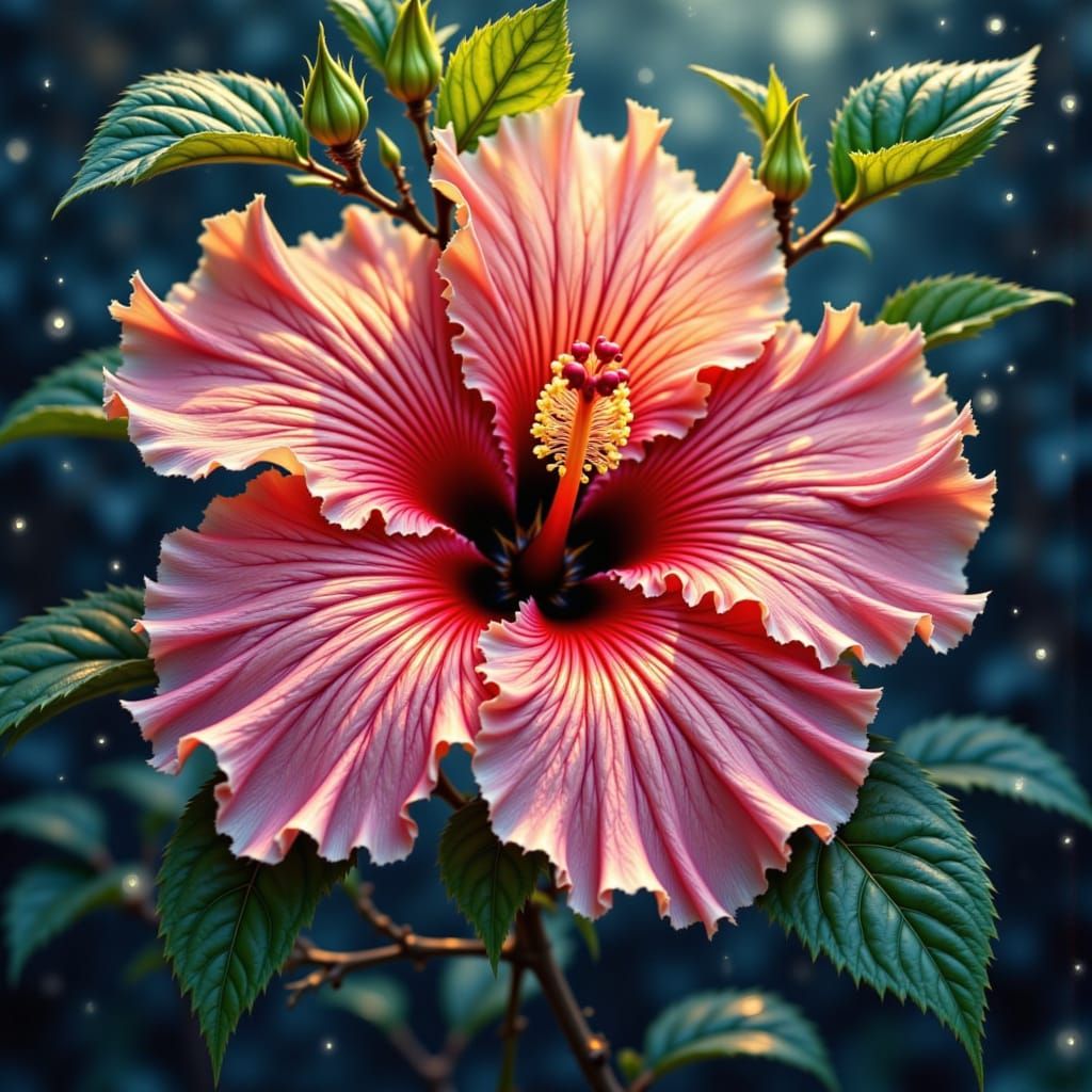 Surreal Hibiscus Blooms Amidst Starry Rain