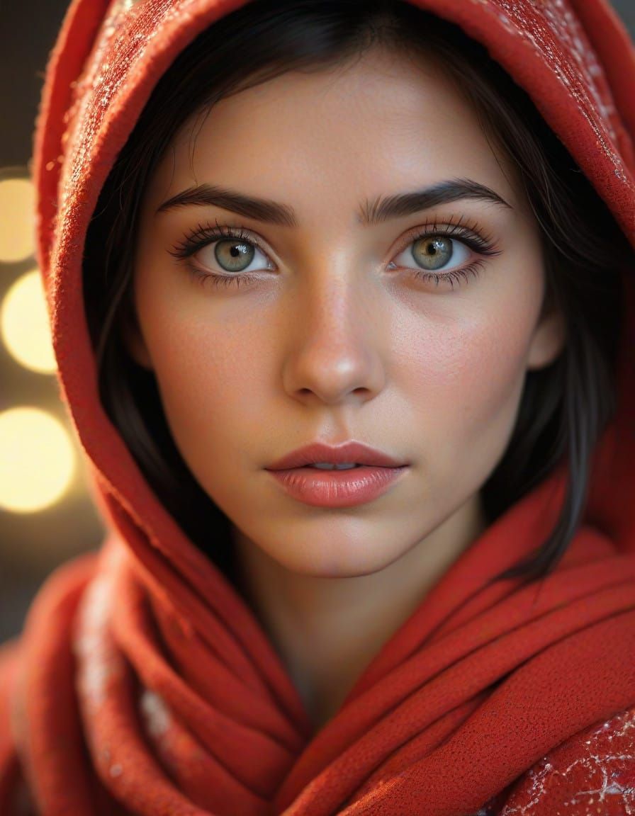 Sensual Winter Goddess in Vibrant Red, Hiperrealista Portrai...