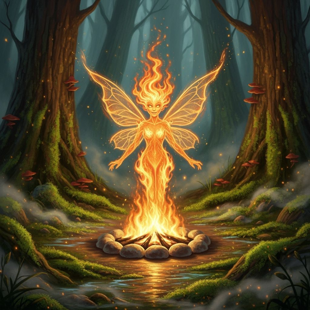 Ethereal Fire Fairy Emerging from Campfire in Dreamlike Fore...