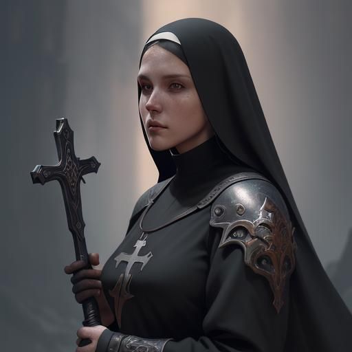 Fantasy Nun Warrior with Cross in Detailed Painting