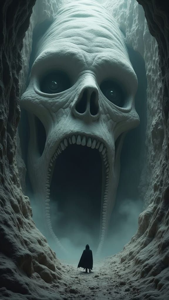 Nightmarish Cavern of Biomorphic Horrors with Cloaked Figure