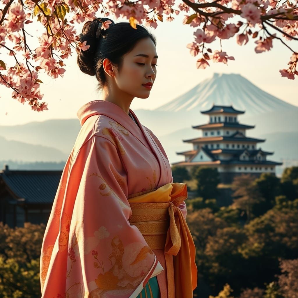 Serene Woman in Traditional Kimono amidst Sakura Blooms and...