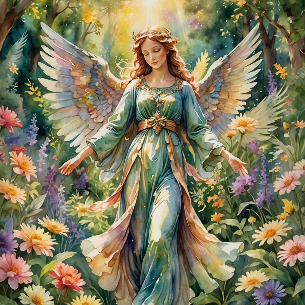 Archangel Ariel in Lush Garden: Watercolor Angel Art