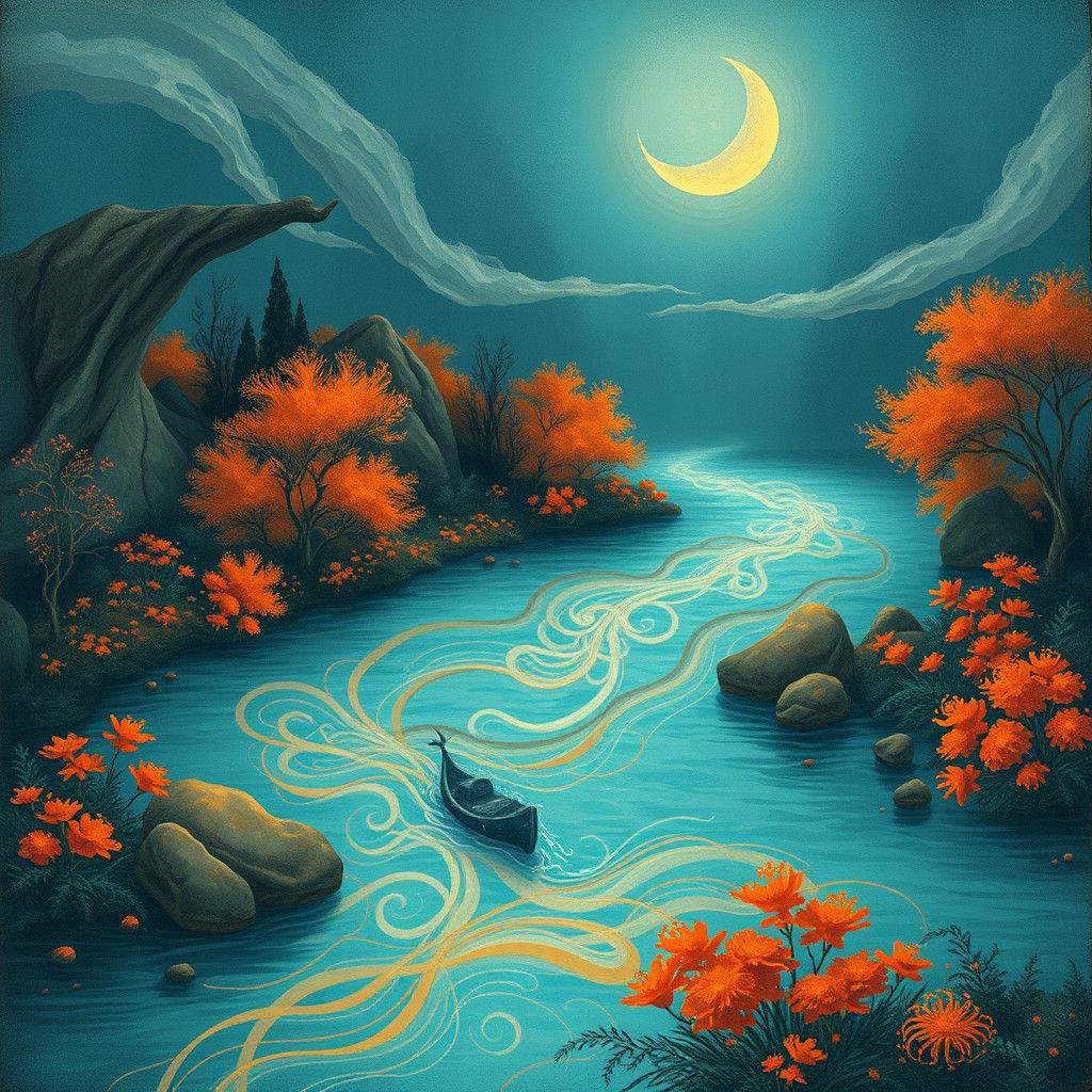 Moonlit River Dreamscape in Surreal Digital Art Style