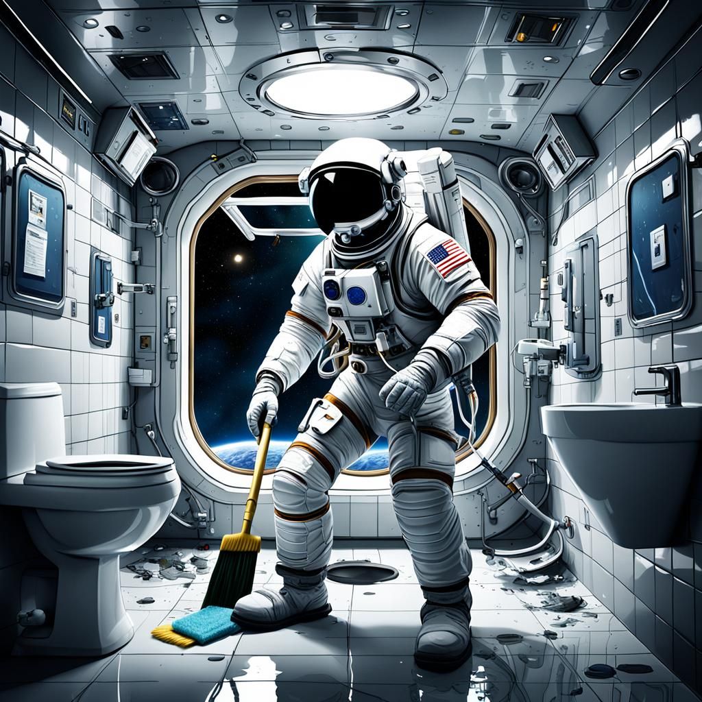 Astronaut Cleaning Toilet in Space Station Bathroom