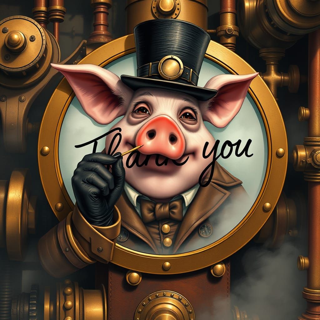 Steampunk Pig-Man Writes Thank You in Vintage Engine