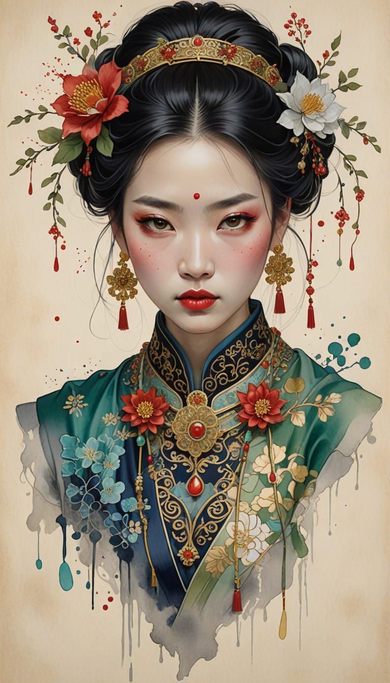 Serene Girl in Traditional Chinese Attire, Inspired by James...