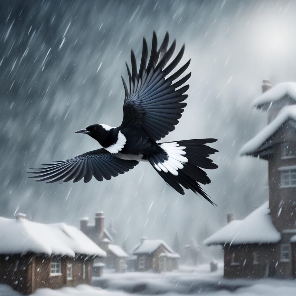 Magpie in Flight Amidst a Blizzard: Digital Painting