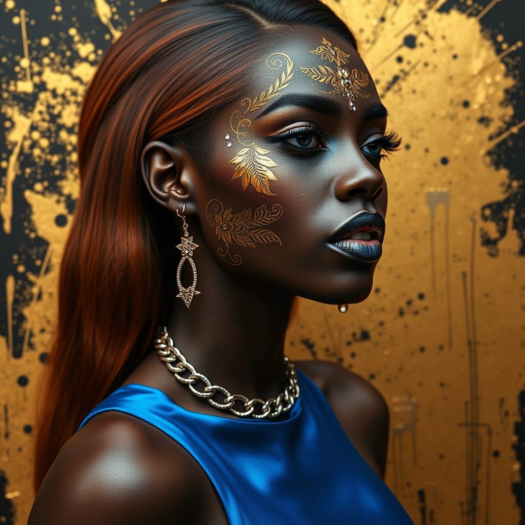 Beautiful woman with gold leaf body art. (Feminine portraits and artwork)