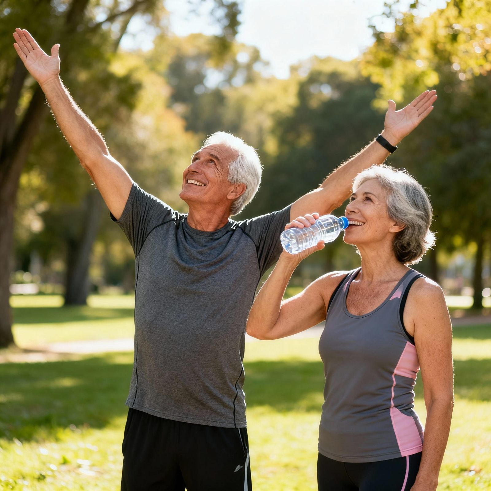 Happy 60-Year-Old Couple Exercising in Sunny Park