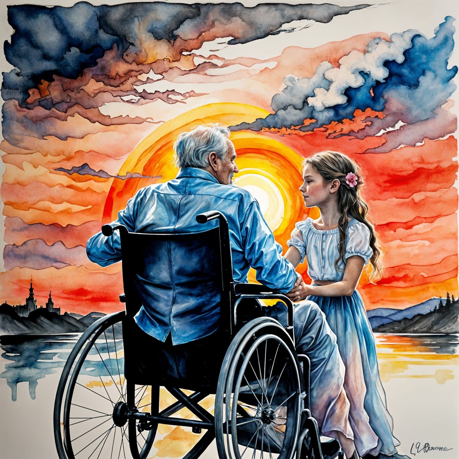 Grandfather and Granddaughter Watching Sunset, Watercolour A...