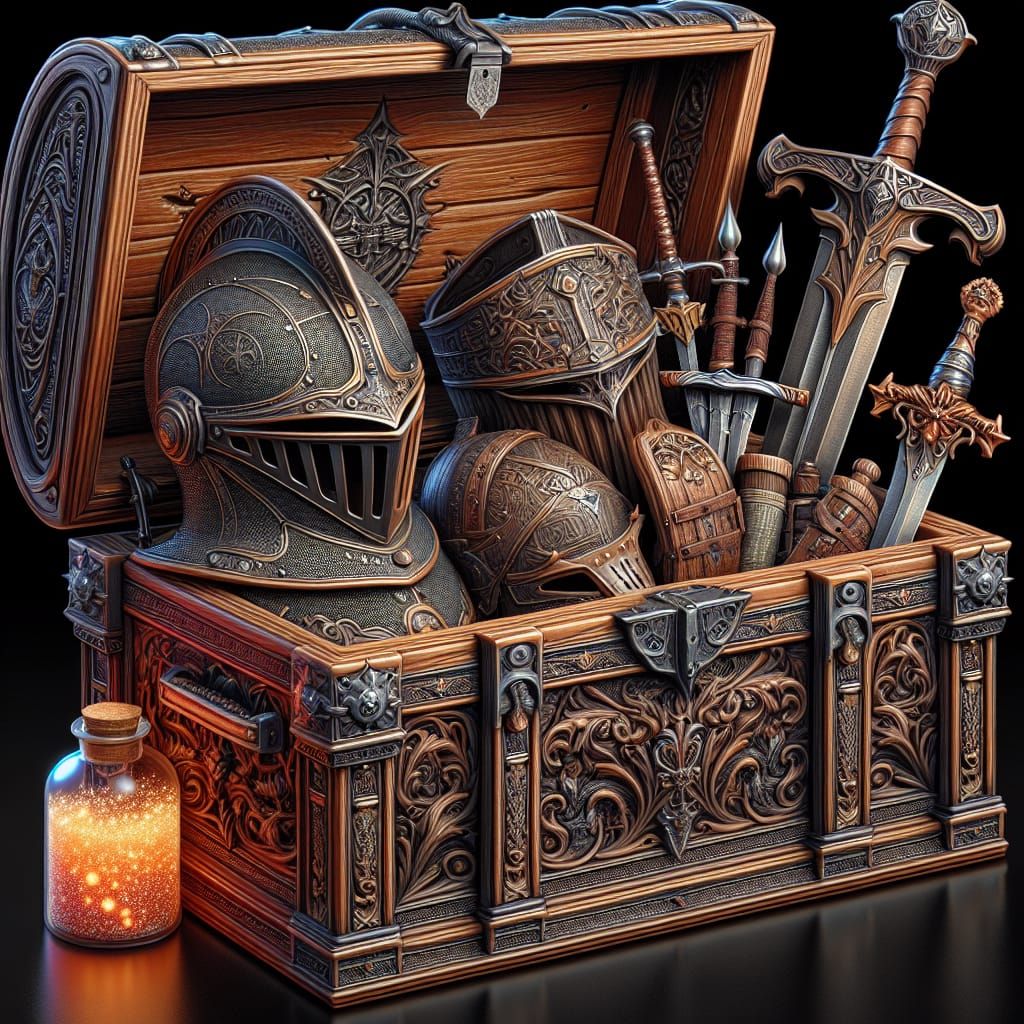 Ornate Knight's Trunk with Helmet, Sword, and Potion