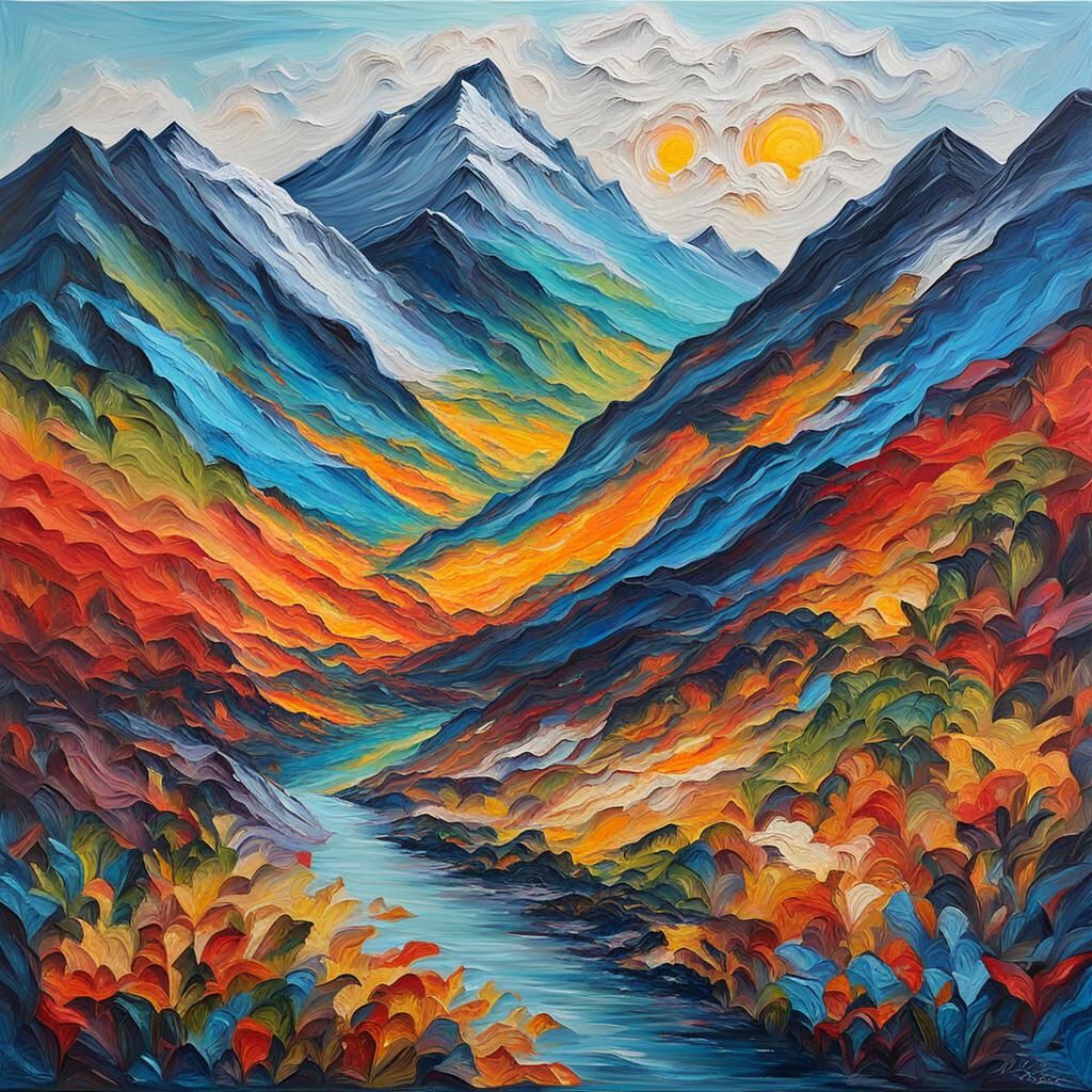 Vibrant Impasto Mountain Scene in Abstract Style