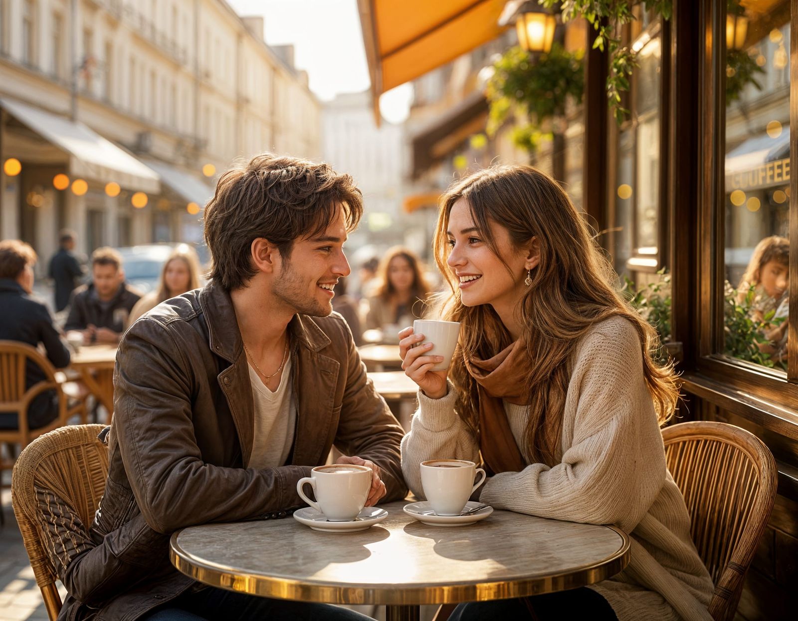 Romantic Coffee Date in Golden Sunlight: 3D Digital Art