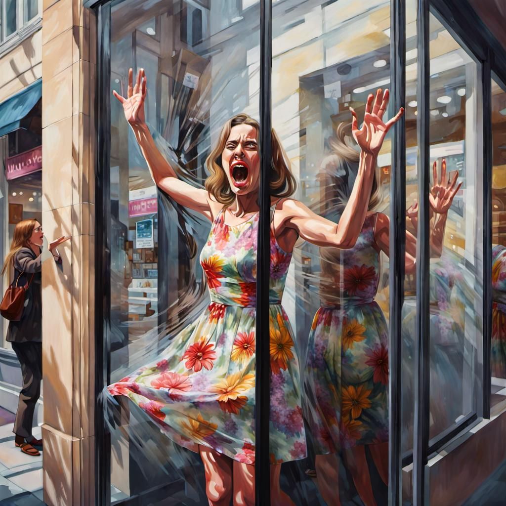 Woman Trapped Behind Glass: An Oil Gouache Painting
