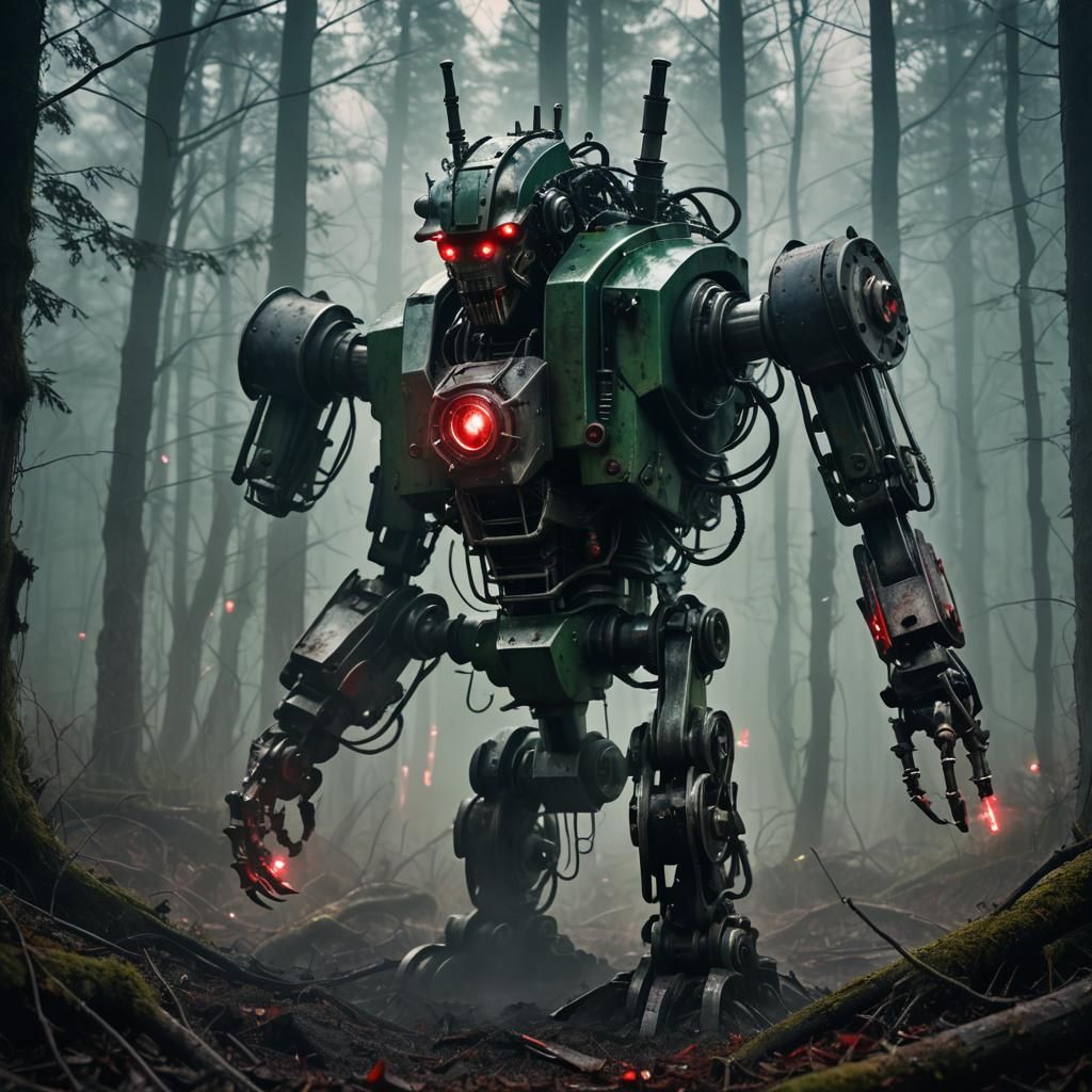 Biomechanical Robot Driller Emerges in Misty Forest