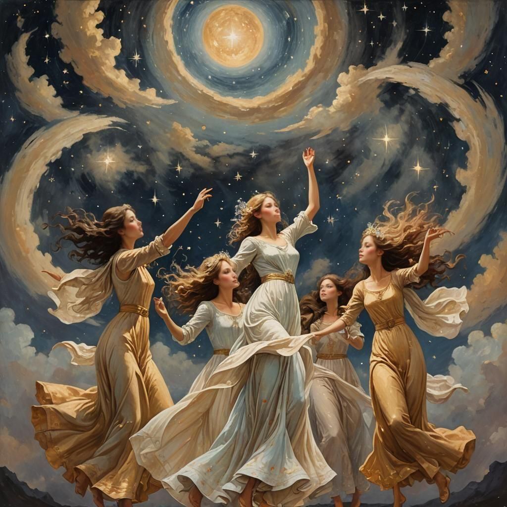 Cosmic Fairies Dancing in Symbolist Oil Painting