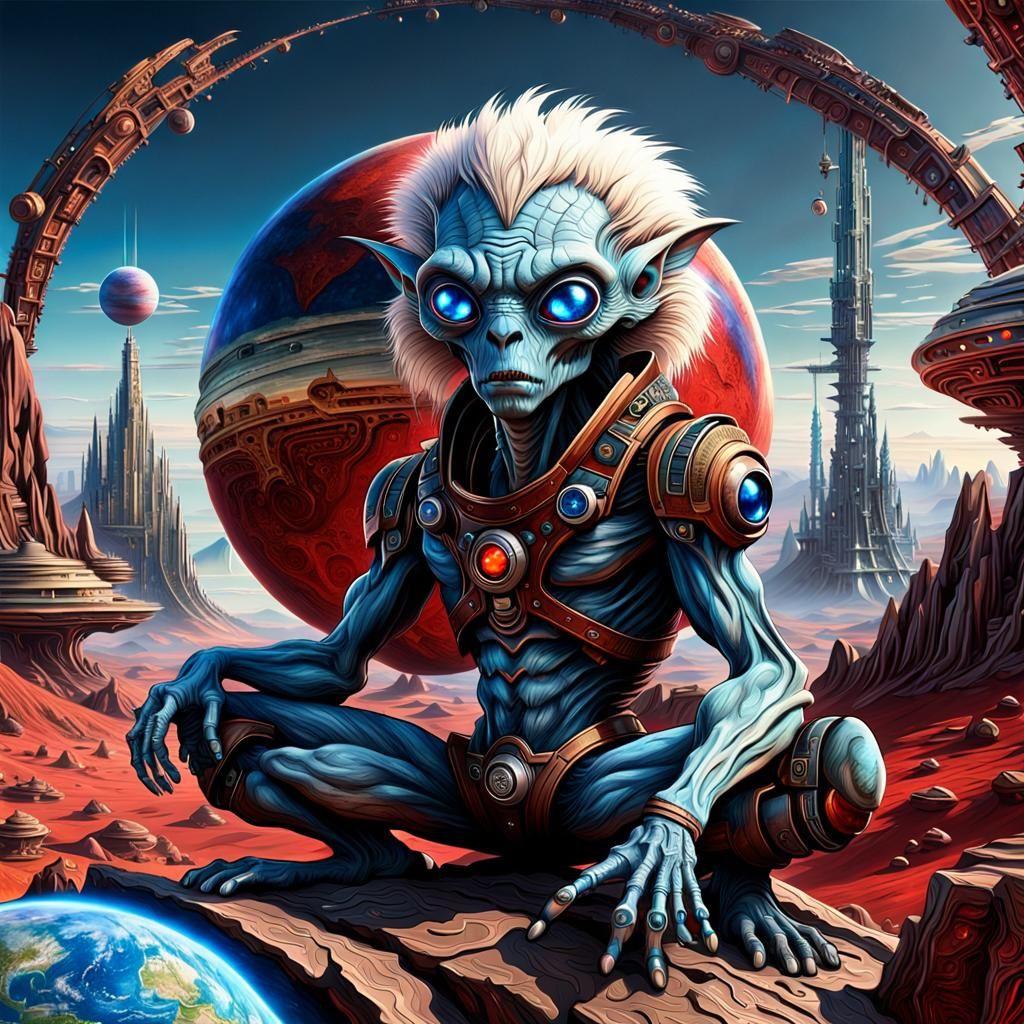 Alien on Red Planet with Steampunk City