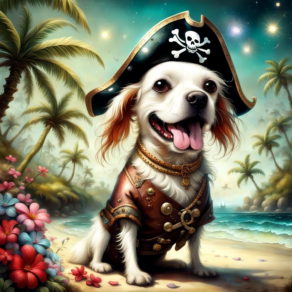 Pirate Dog on Tropical Beach, Whimsical Illustration