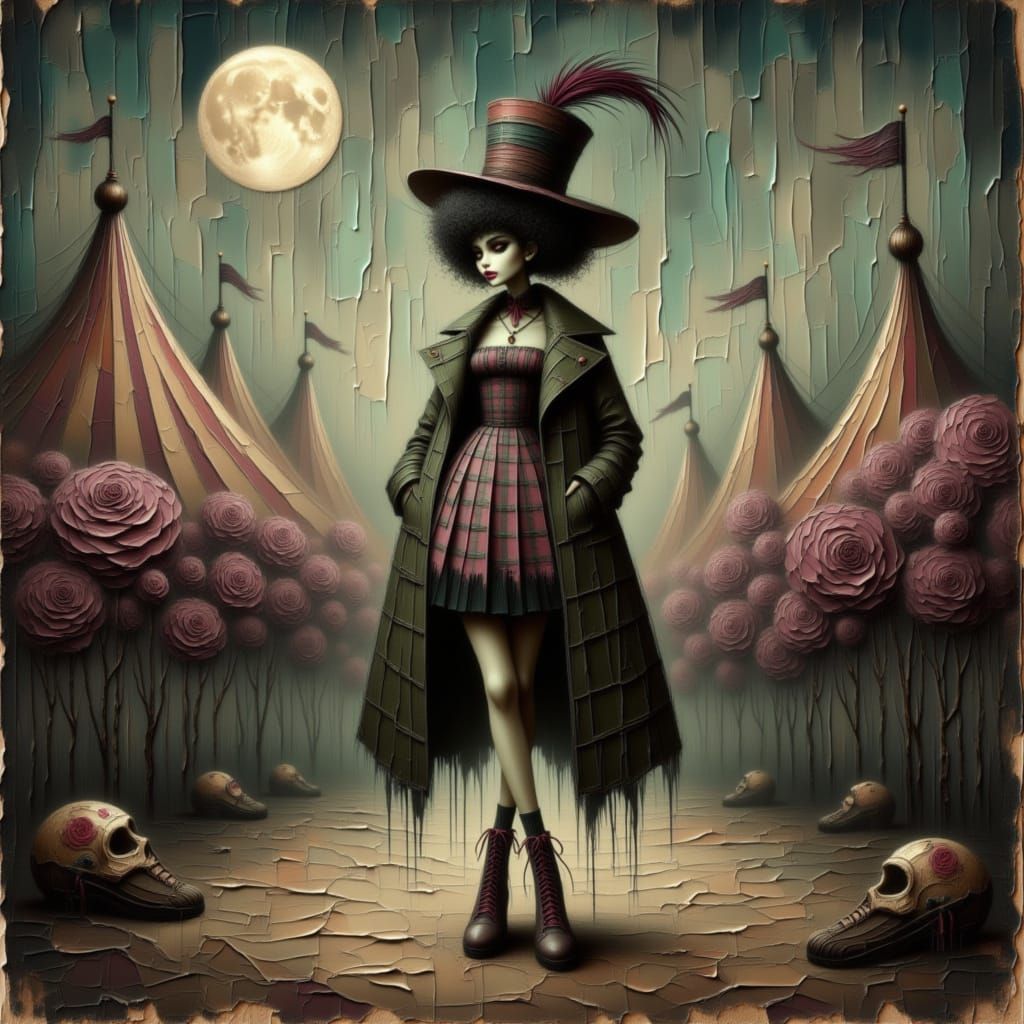 Melancholic Goth Woman in Abandoned Circus, Oil Painting
