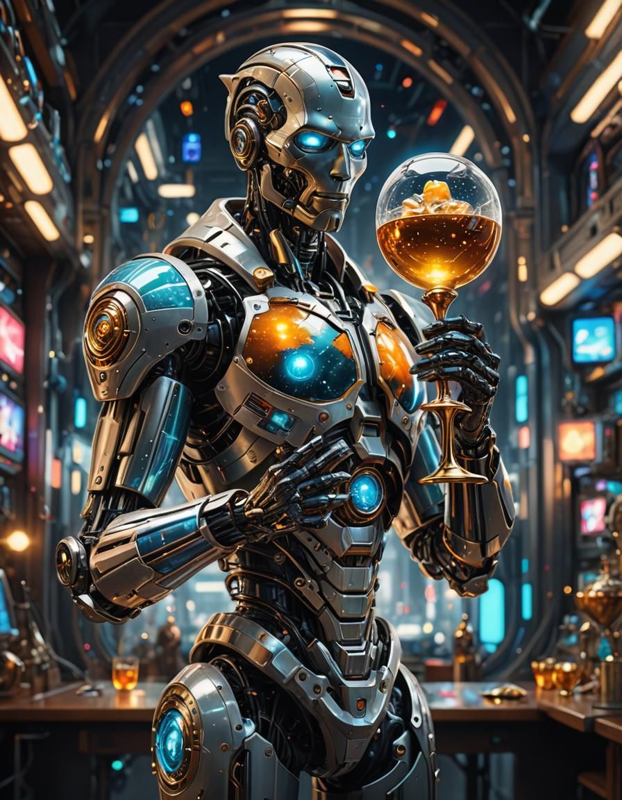 Retro-Futuristic Android Holding Goblet of Memories