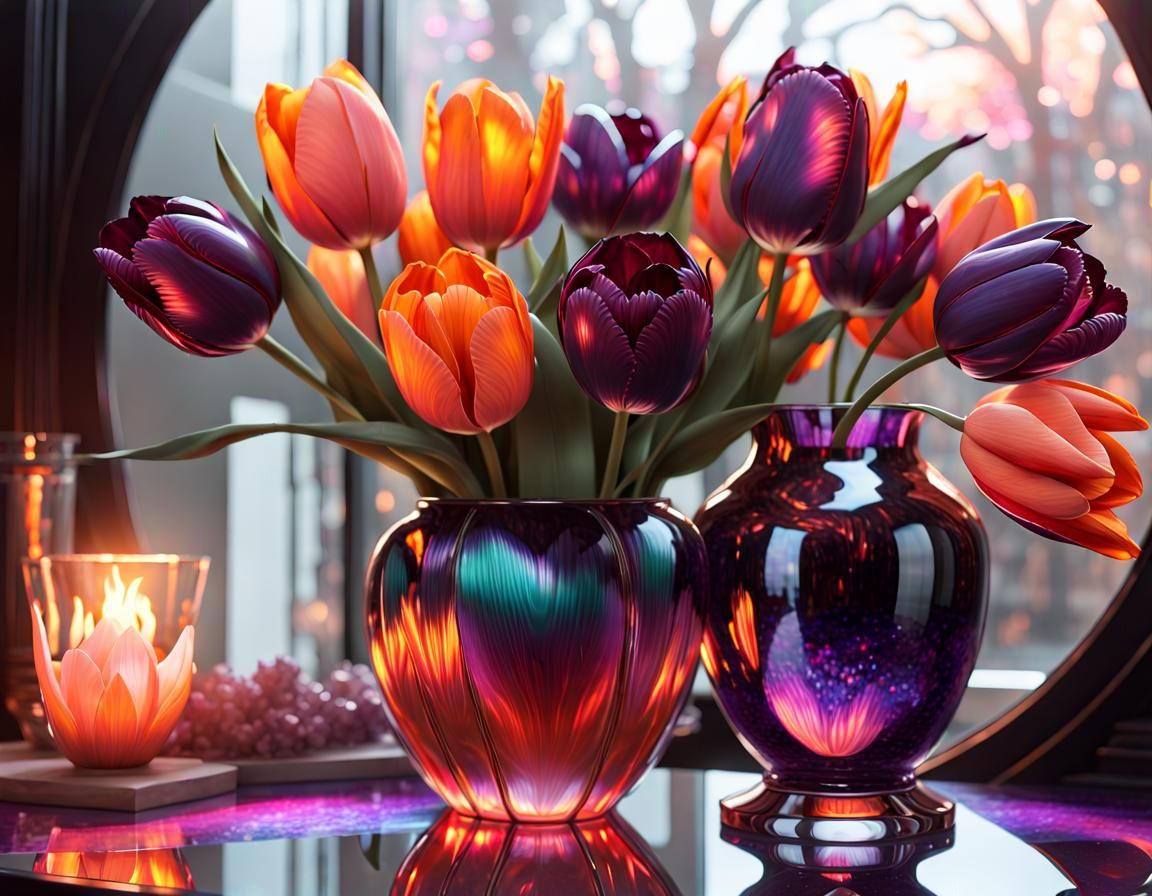 Psychedelic Glass Tulips in Opal Vase